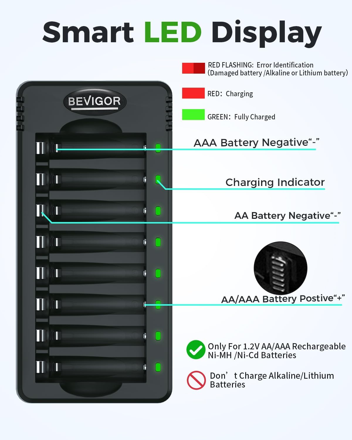 BEVIGOR 8 Bay AA AAA Battery Charger, Independent Slot Charger with LED Light, USB High Speed Charging, for Ni-MH Ni-CD