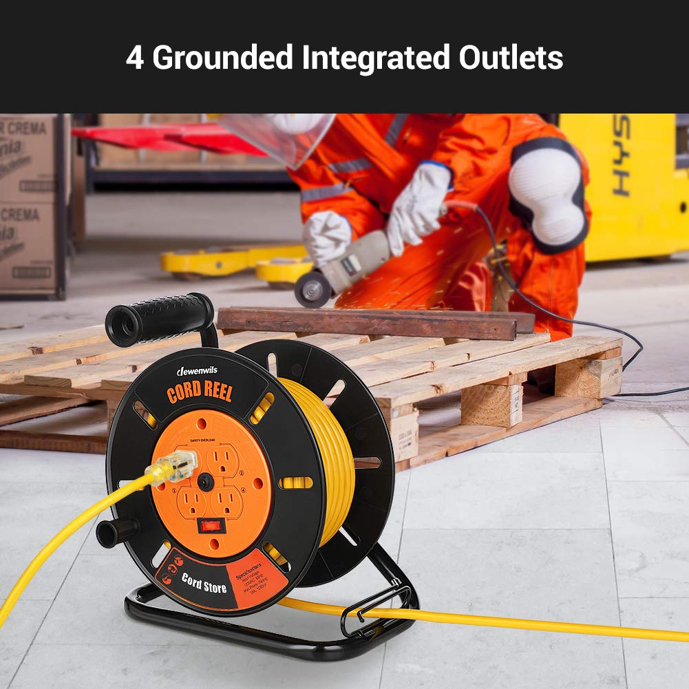 DEWENWILS Extension Cord Storage Reel with 4-Grounded Outlets, Heavy Duty Open Cord Reel for 12/3,14/3,16/3 Gauge Power Cord, Hand Wind Retractable, 10A Circuit Breaker, Rocker Power Switch