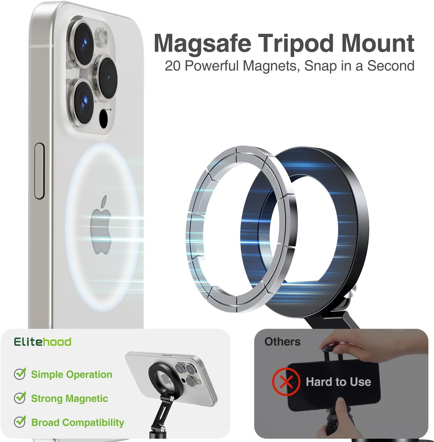 elitehood 360 1/4 180 Aluminum Magnetic Camera Phone Mount with Rotatable Cold Shoe Base, MagSafe iPhone Tripod Mount