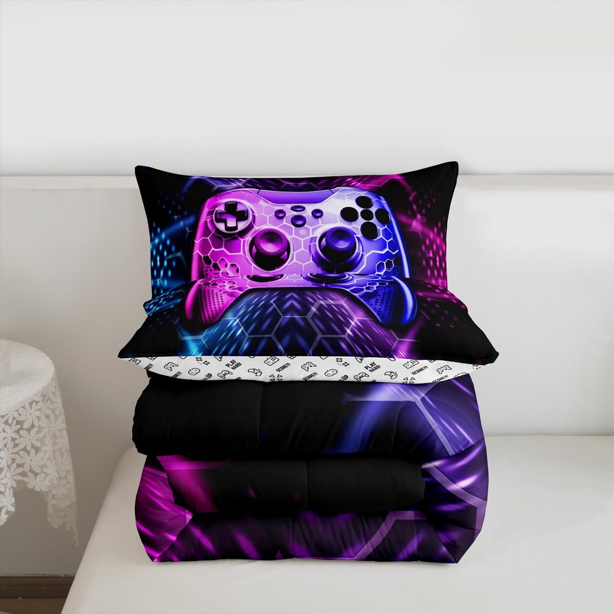 Castle Fairy Teens Gamepad Comforter Set,Modern Gamer Reversible Down Comforter Twin Size for Kids Boys Children Youth,Video Game Bedding Set Player Gaming Duvet Insert for Bedroom,Blue Pink