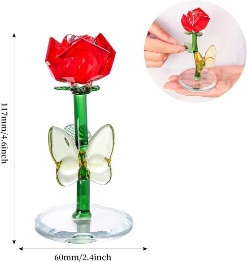 LONGWIN Crystal Red Rose Flower Figurine - Elegant Glass Spring Bouquet Home Decor Gift for Her
