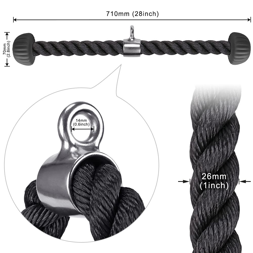 SELEWARE Tricep Rope Cable Machines Attachments for Gym, Heavy Duty Exercise Pulldown Rope with Soft Rubber Ends, Universal Tricep Pull Down Rope for Pulley System (Black, 28")