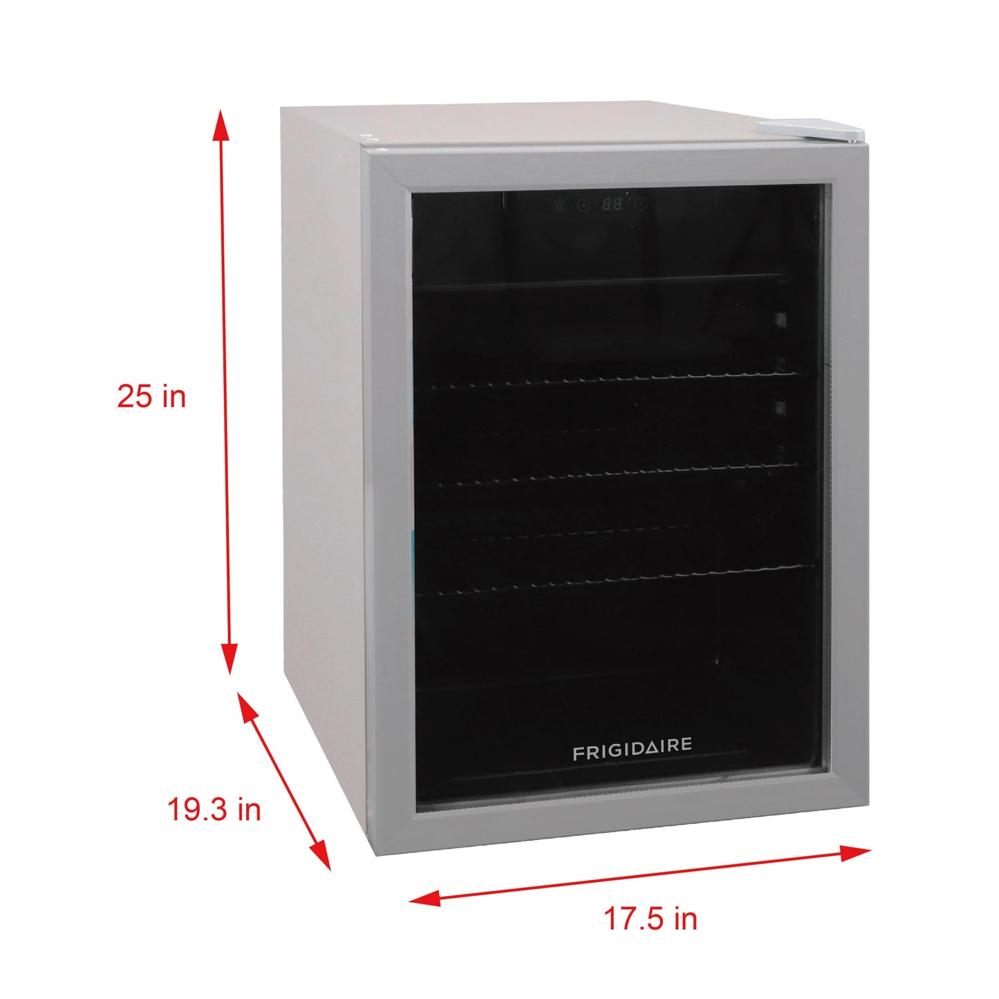 Frigidaire Beverage Fridge Refrigerator with Glass Door, Compact Mini Fridge with Digital Temperature Control Fits 87 Cans or 24 Bottles - 19.29" D x 25" W x 17.51" H, Silver