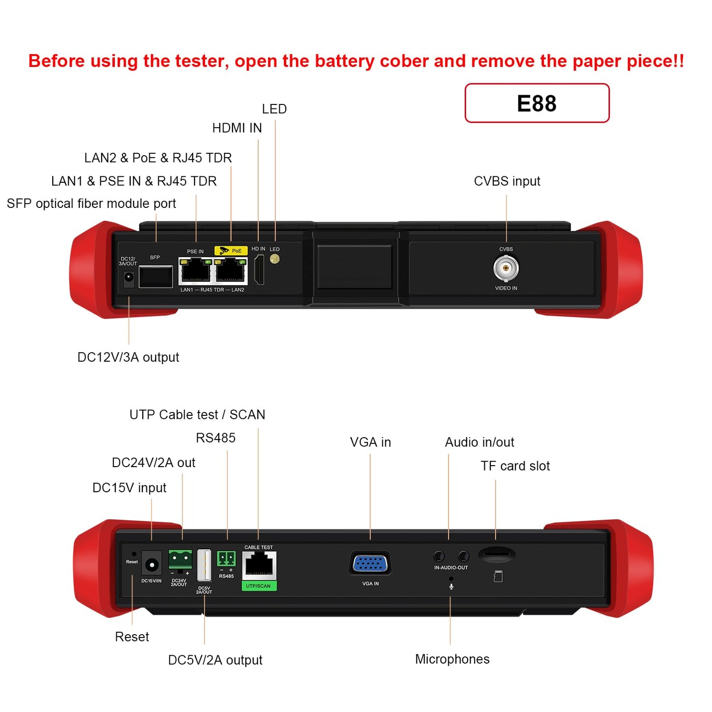 4K 12MP IP Camera Tester, WANLUTECH IPC Tester 90W PoE Power Output 8'' Touchscreen CCTV Test SFP Optical Fiber Module Port RJ45 Cable TDR Test HDMI VGA Input WiFi Network Tools (E88)