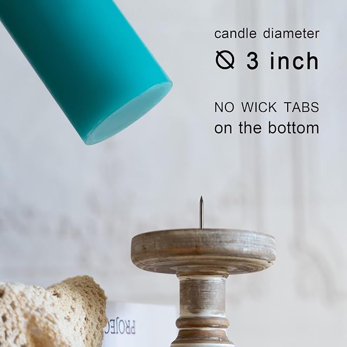 MOZEAL 3" x 4" Hand-Poured Unscented Turquoise Pillar Candles,Dripless Candles Set of 3,Smokeless,Clean Burning,Approx 60 Hours Burn Time,Wedding,Dinner and Home Decorï¼? Inch Width Seriesï¼?Teal