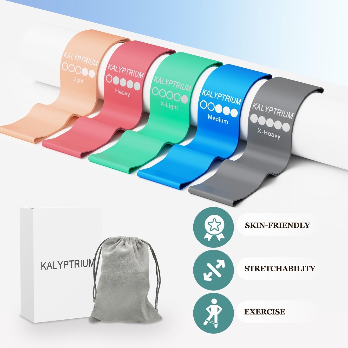 KALYPTRIUM Resistance Bands Set – 5-Level Exercise Bands for Physical Therapy/Yoga/Pilates/Strength Training/Home Fitness Loop Bands with Portable Storage Bag