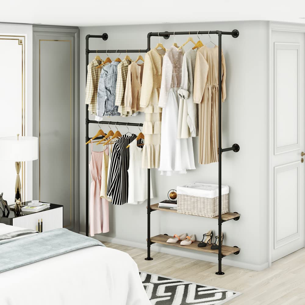 KaKaBB Industrial Pipe Wall-Mounted Clothing Rack with Double Hanging Rods & Shelves - Heavy Duty Storage for Wardrobe, Bedroom, Walk-In Closet (Black)