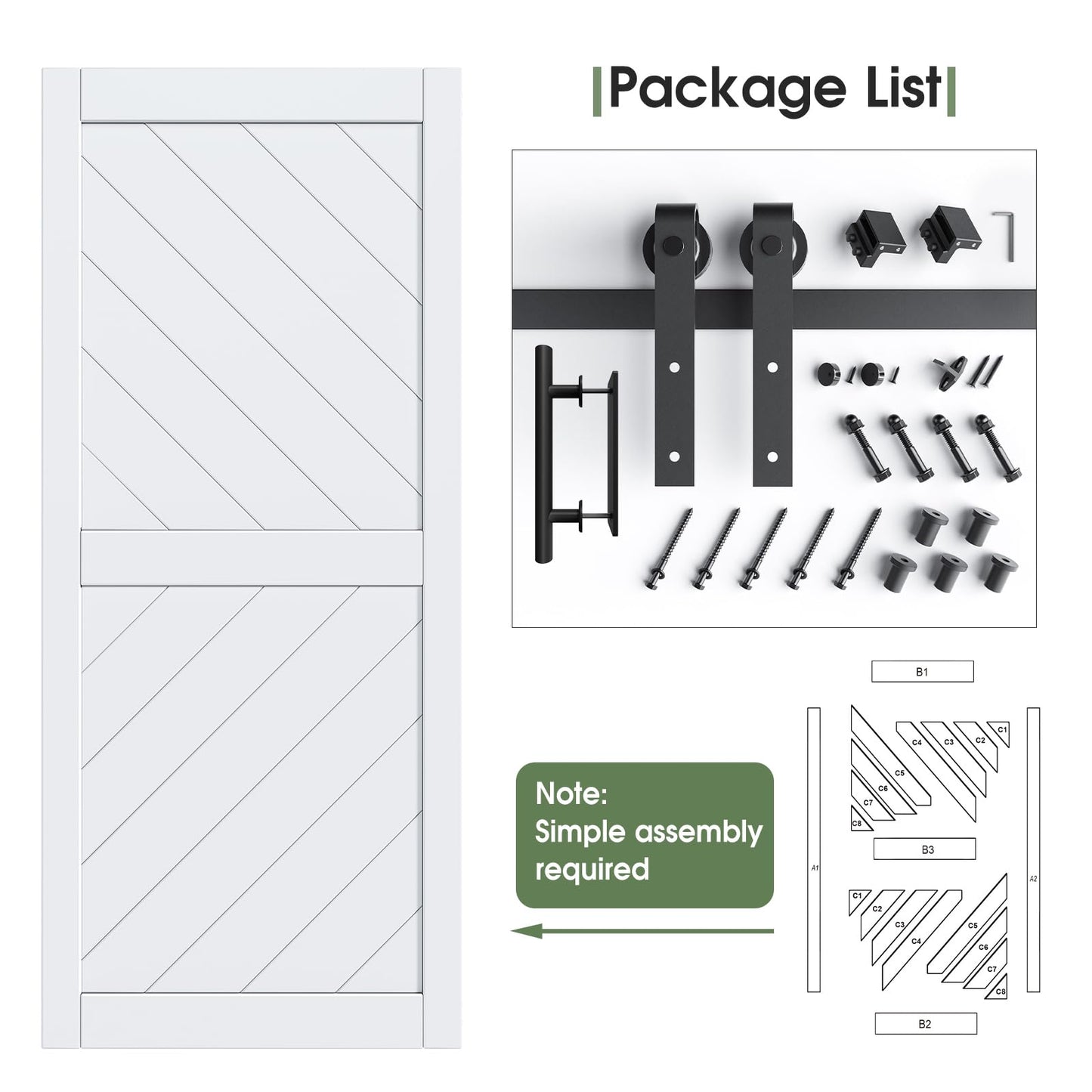 36in x 84in Sliding Barn Door with 6.6FT Barn Door Hardware kit & Handle Included, Solid MDF Wood Slab Covered with Water-Proof & Scratch-Resistant PVC Surface,Simple DIY Assembly,Chevron Pattern