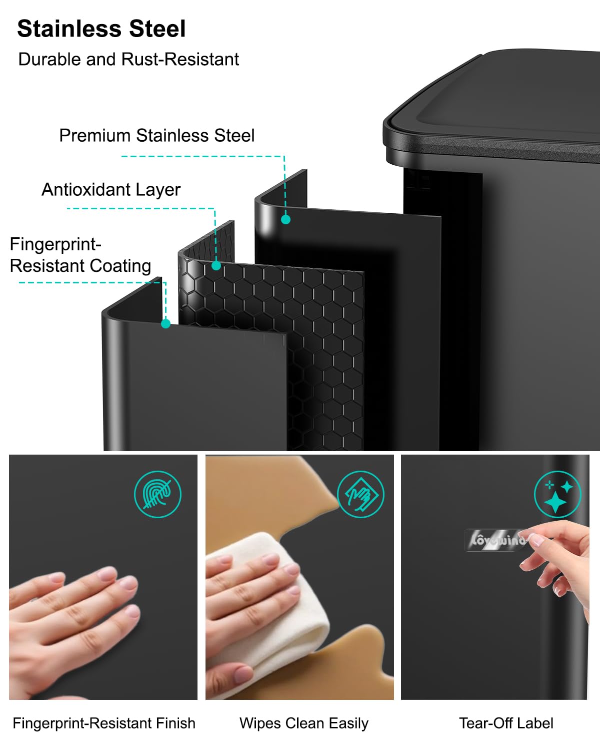 Dual Trash and Recycling Bins for Kitchen, 19+8 Gallon (72+30L) Stainless Steel Trash and Recycle Bin Combo with Soft-Close Lid, Large Garbage Cans for Kitchen Home with 2 Magnets Sticker, Black