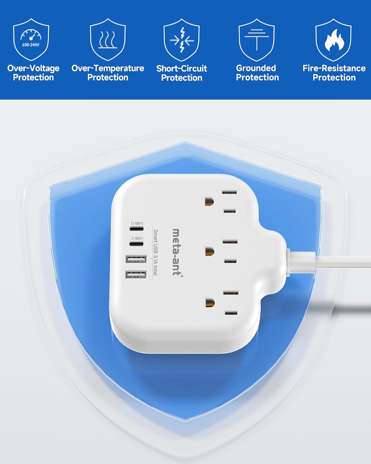 meta-ant 3 4 Ports(2 5FT US to India Plug Adapter, India Power Adapter with American Outlets USB Charger USB C), India