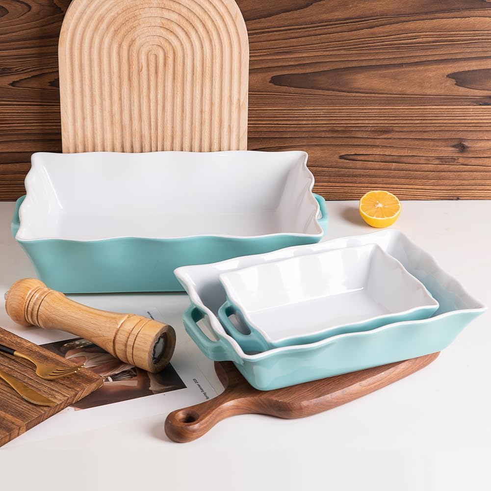 Sweejar Casserole Dishes - Ceramic Bakeware Set of 3 with Handles | Rectangular Wave Edge Lasagna Pan (Turquoise)