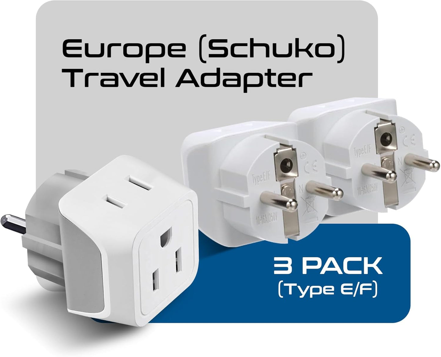 Ceptics (3 Pack) Schuko Germany, France Plug Adapter, Dual Input - Ultra Compact Light Weight - Usa to Russia, South