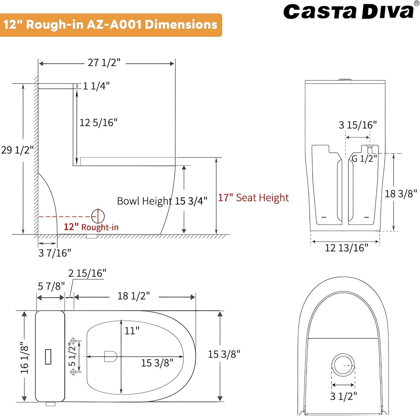 Casta Diva Elongated One Piece Toilet with 17" ADA Comfort Height Seat Modern Compact Toilet for Bathroom, Dual Flush 0.9/1.28GPF and MAP 1000g, 12'' Rough-in, Standard White Bowl