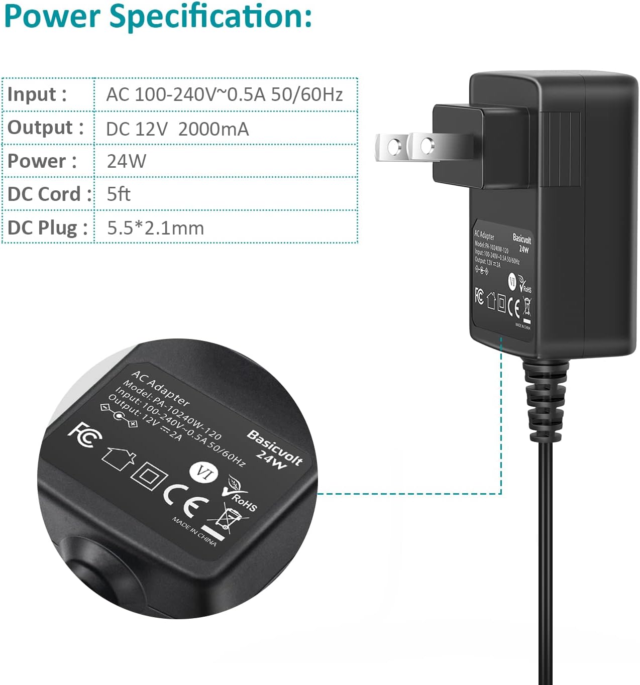 Basicvolt 12V 2A 12 2 1.5A 1A 500ma 300ma Universal AC Adapter DC Power Supply Center Positive Volt Amp Charger Power