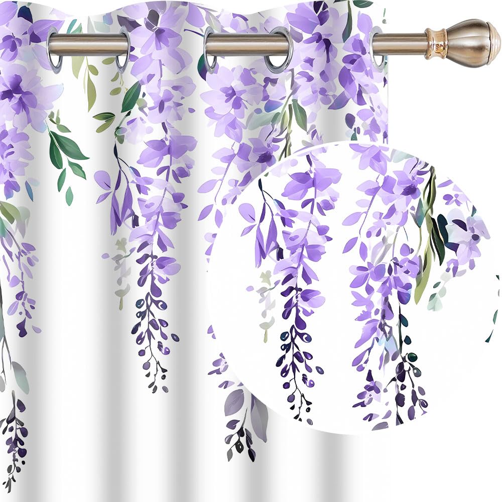 EOTDMS Purple Watercolor Floral Curtains 84 inches Long, Botanical Leaves Vine Wisteria Flowers Rustic Farmhouse Curtains, Blackout Window Treatment Drapes for Bedroom Living Room 52x84inch, 2 Panels