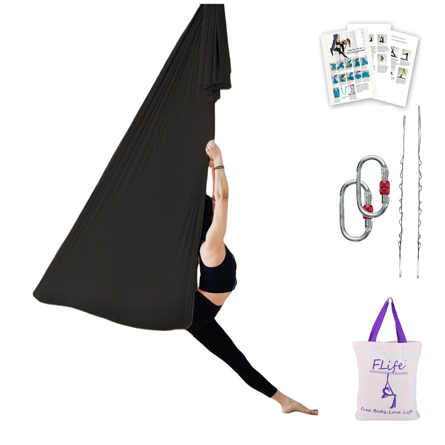 F.Life Aerial Yoga Hammock 5.5 Yards Include Daisy Chain,Carabiner and Pose Guide (Black)