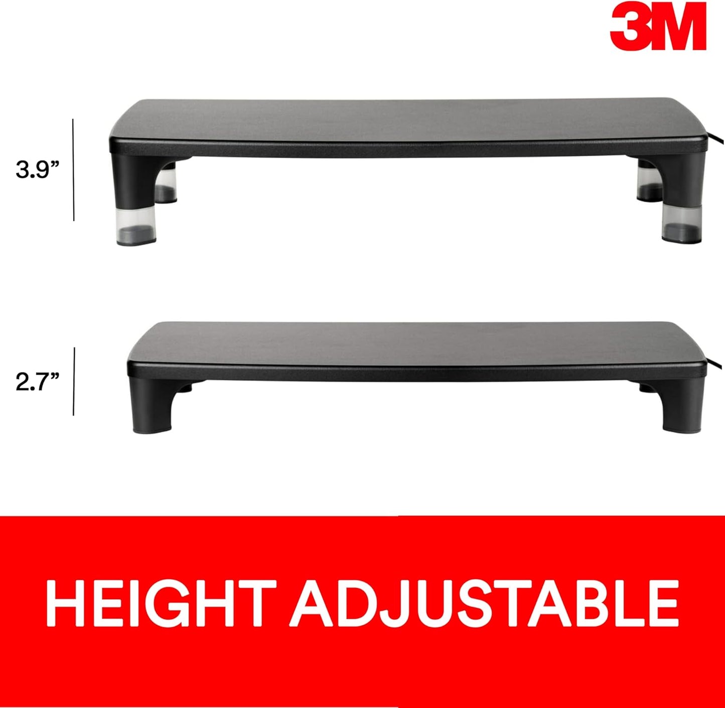 3M 4-Port Adjustable Monitor Stand with USB Hub, Black, Great for Computer Monitors, Laptops, TVs, Speakers, Printers