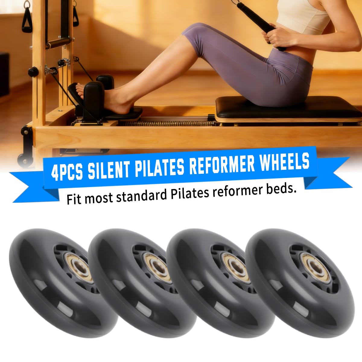 4PCS Silent Pilates Reformer Wheels PU Rollers Easy Installation, Black