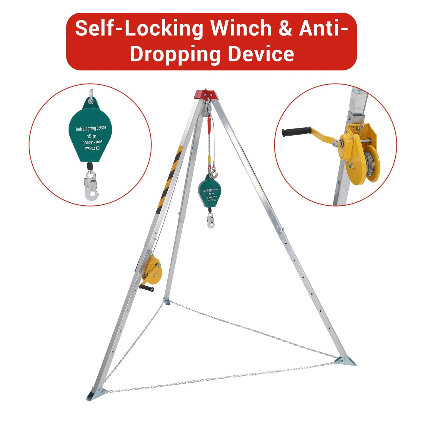 Confined Space Tripod Kit with 1200 lbs Winch, Adjustable Legs & Safety Self-Locking Device, 49.2 ft Cable, Transit Level Kit with Tripod, Deer Tripod Hoist for Sewer, Well & Rescue Use