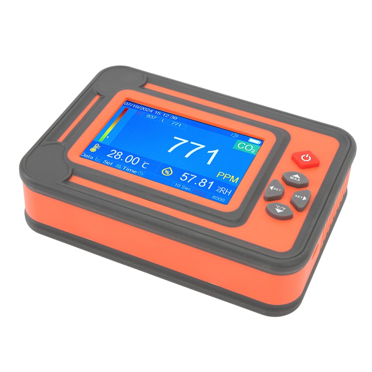 Carbon Dioxide Detector with Temperature and Humidity Meter - Infrared CO2 Monitor with 2600mAh Battery and 6000 Data Set Storage for Grow Tents Wine Cellars and Industrial (Red)