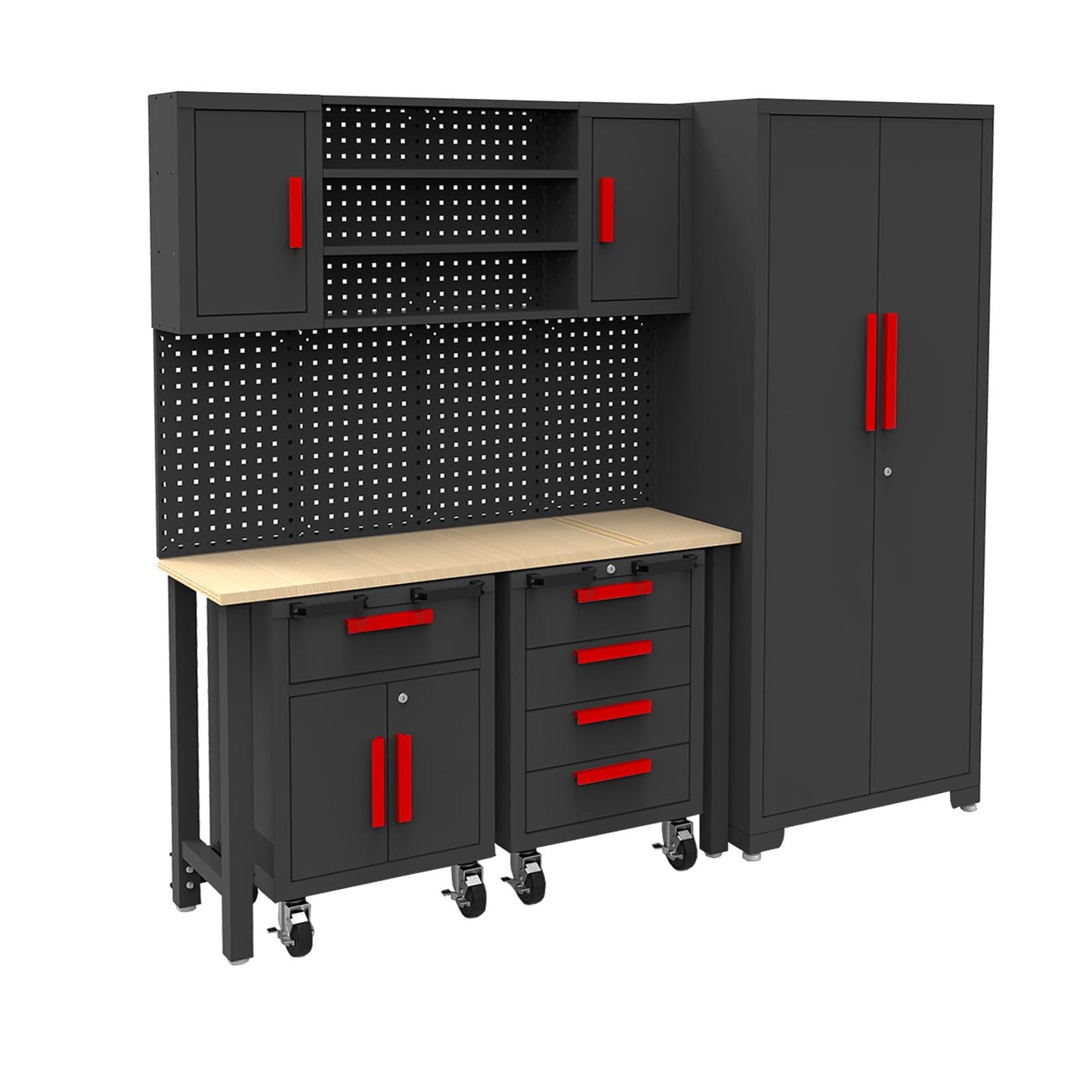 Torin Garage Storage Cabinets System, 6-Pcs Workshop Cabinet Set in Black, Included Steel Cabinets Drawers Rolling Chest and Pegboard,Locked Garage Storage Cabinet