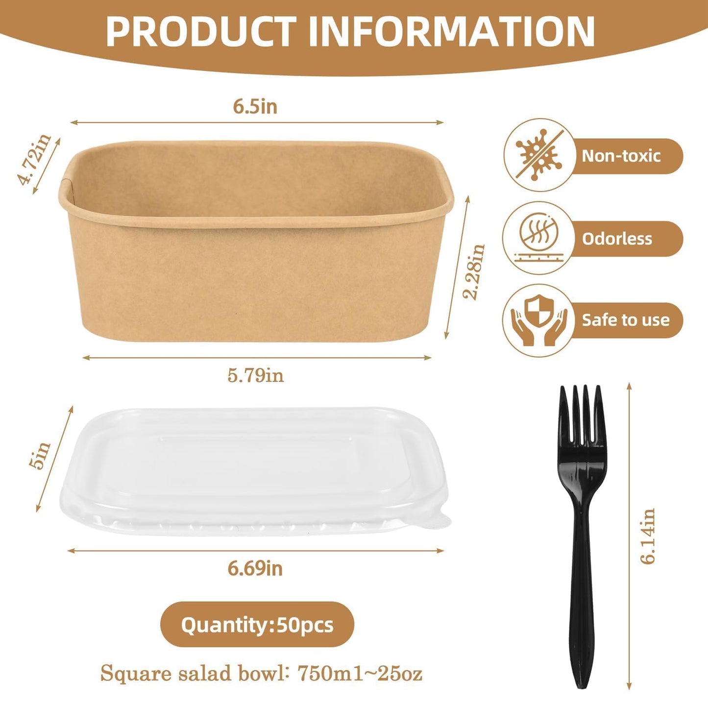 Peseojiar 50 Pack Disposable Meal Prep Containers, 25oz Disposable Large Paper Bowls with Lids and Forks for Salad, Noodles, Freezer and Microwavable Storage Use Cardboard Food Containers