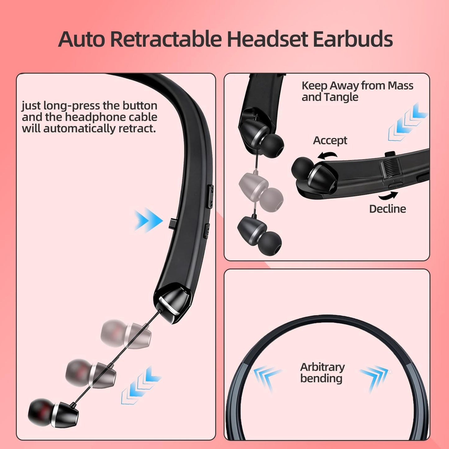 ZHAOGE Headset IPX5 Bluetooth Headphones Neckband, Retractable Wireless Sports Earbuds Noise Cancelling Stereo