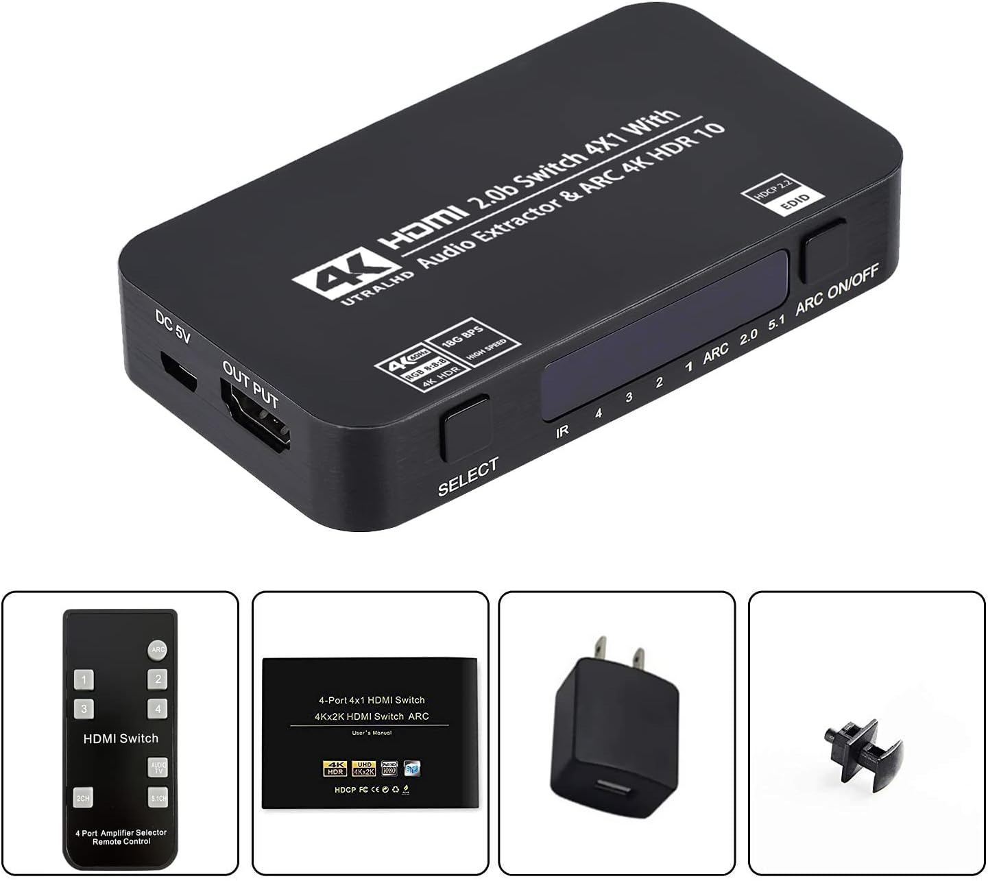 Wonlyus 4x1 4K@60Hz 3.5mm 3D, 1080P @120Hz, 4Kx2k @60Hz HDMI Switch with Audio Extractor, Ultra HD HDMI Switcher
