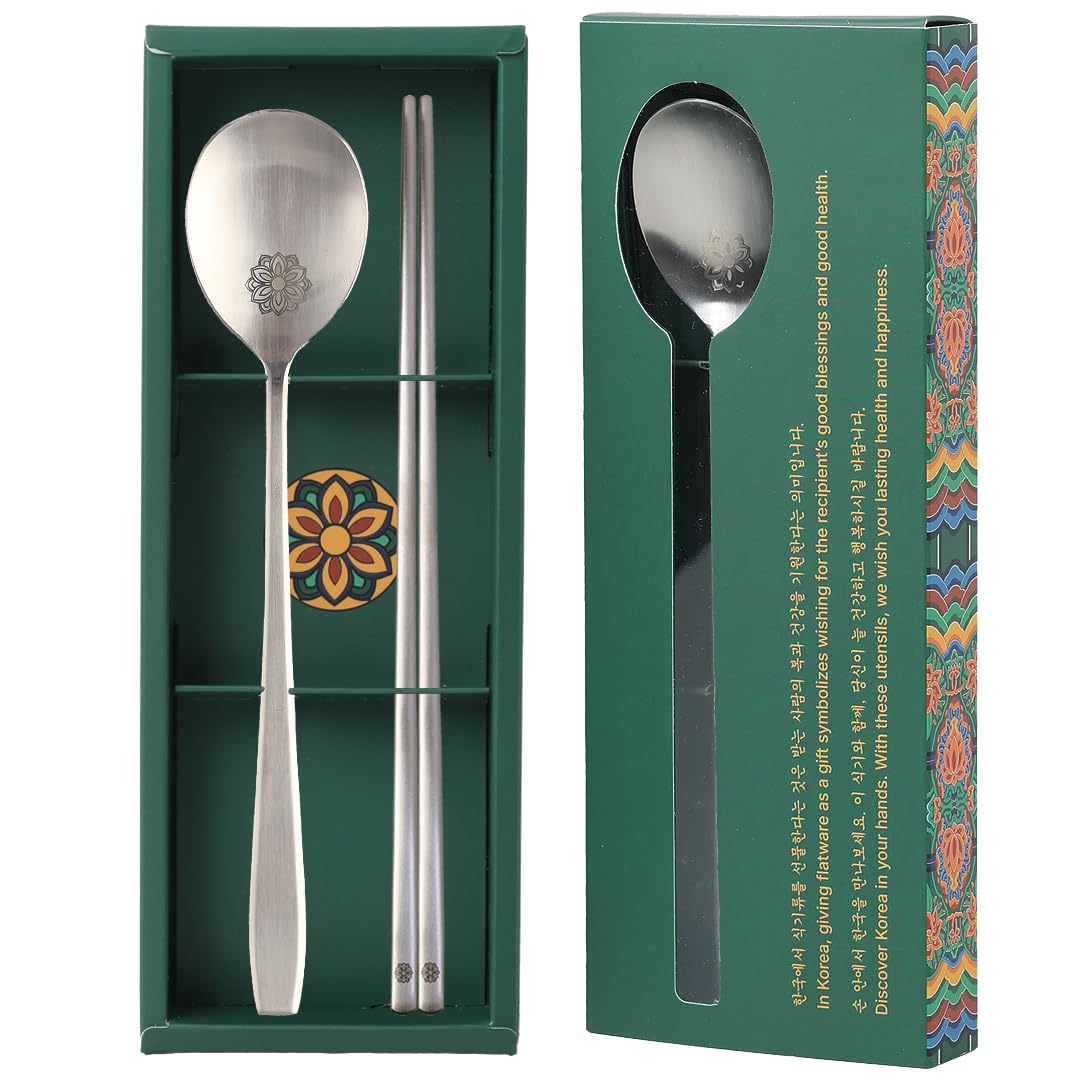 BAPMOO Korean Spoon and Chopsticks Set, 18/10 Stainless Steel Sujeo Gift Set for One, Laser Engraved Floral Spoon, Gift-Ready Korean Tableware