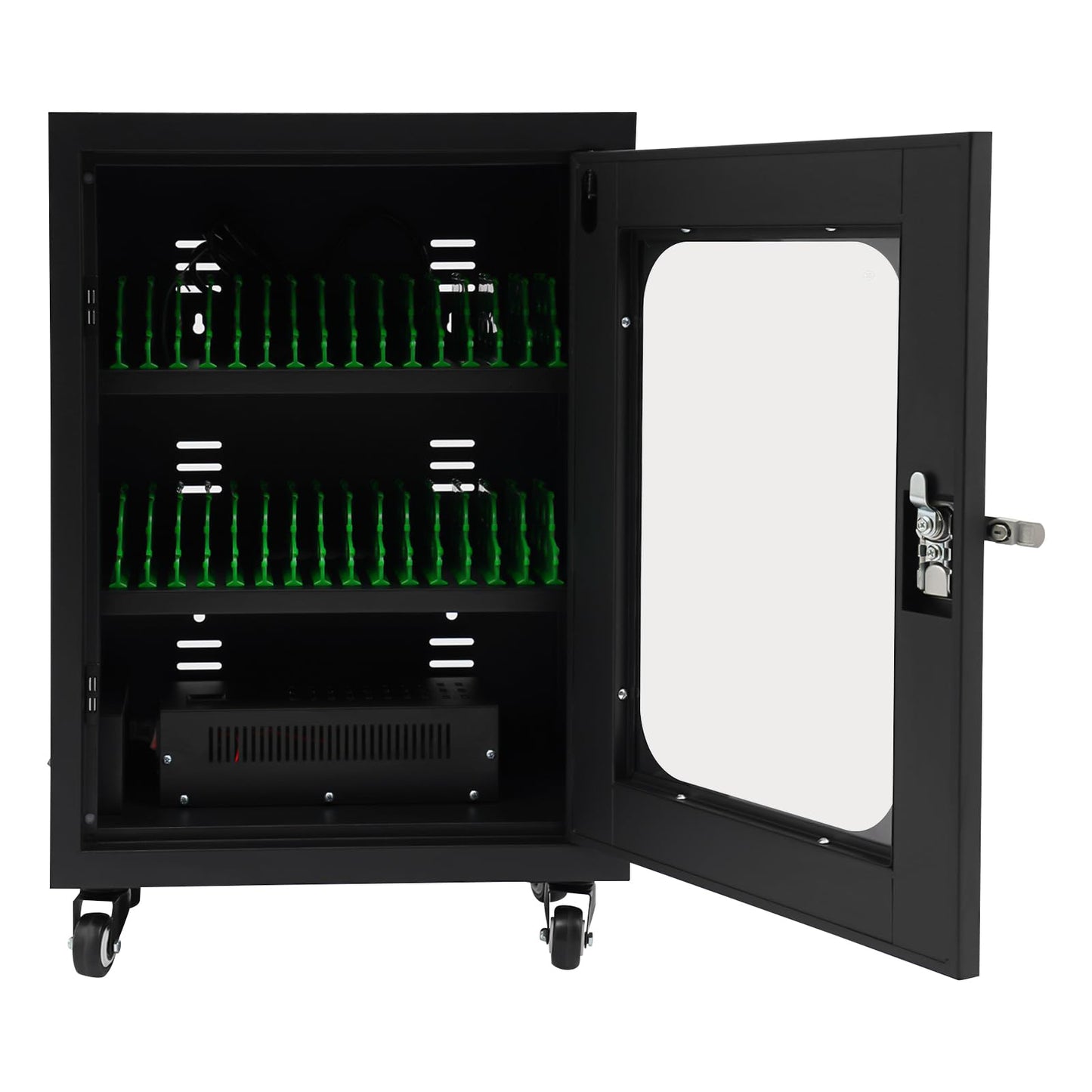 Mobile Charging Cart with Brake Wheels, 30 Unit Device Charging Station, Laptop and Mobile Device Organizer, Surge Protection, Mobile Charging Cabinet for Classroom or Office (Black)