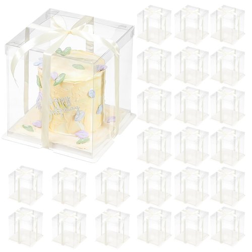 FZJ 24 Pcs Clear Gift Box with Ribbon 2-Layer 8.5x8.5x9 Inch, Transparent Cake Carrier Box with Lids, PET Tall Cake Packaging Boxes, Clear Gift Boxes for Birthday,Wedding and Festival Party