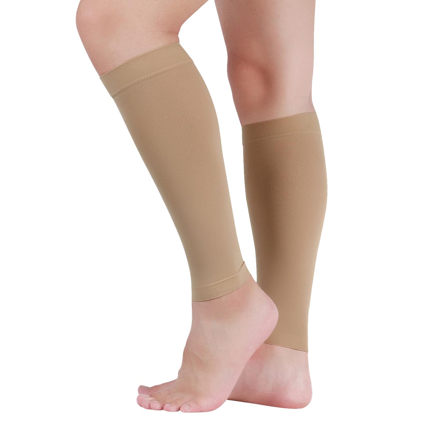 Lin Performance 20-30 mmHg Medical Calf Compression Sleeve for Women and Men Lightweight Footless Socks for Travel Flight Daily Comfort（Beige,L）