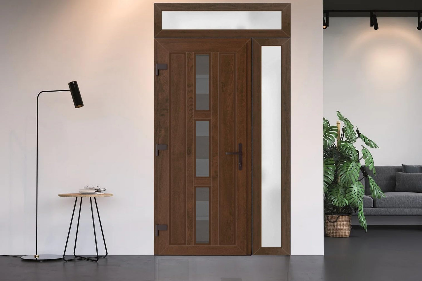 VDOMDOORS Front Exterior Prehung Metal-Plastic Door Frosted Glass | Manux 8112 Walnut | Side, Top Sidelite Transom | Residential Doors Entrance Patio Garage 50 x 94 (W36+14 x H80+14) Right-Inswing