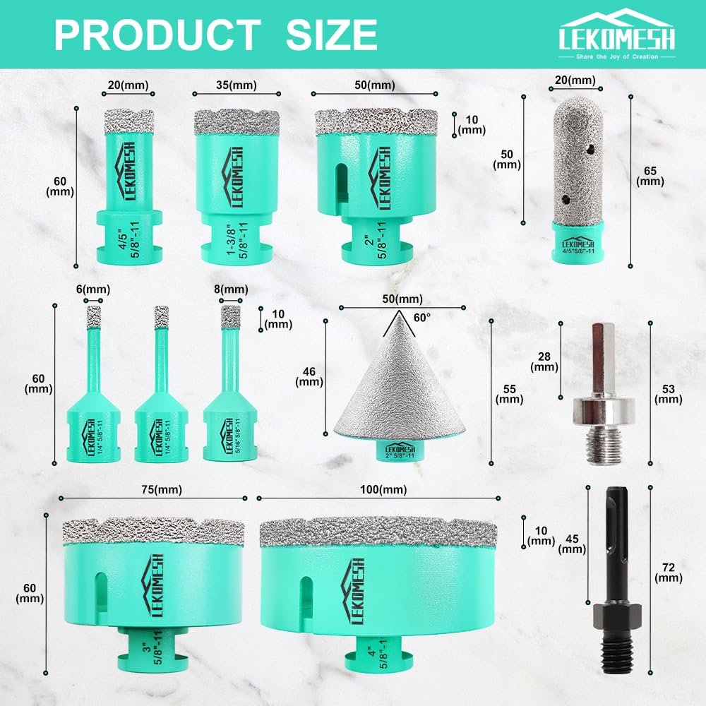 Tile Hole Saw Kit Diamond - LEKOMESH 6-100mm Diamond Core Drill Bits Set with 20mm Finger & 50mm Chamfer Bit & SDS/HEX Adapter for Porcelain Ceramic Marble Concrete Brick, 5/8"-11 Thread