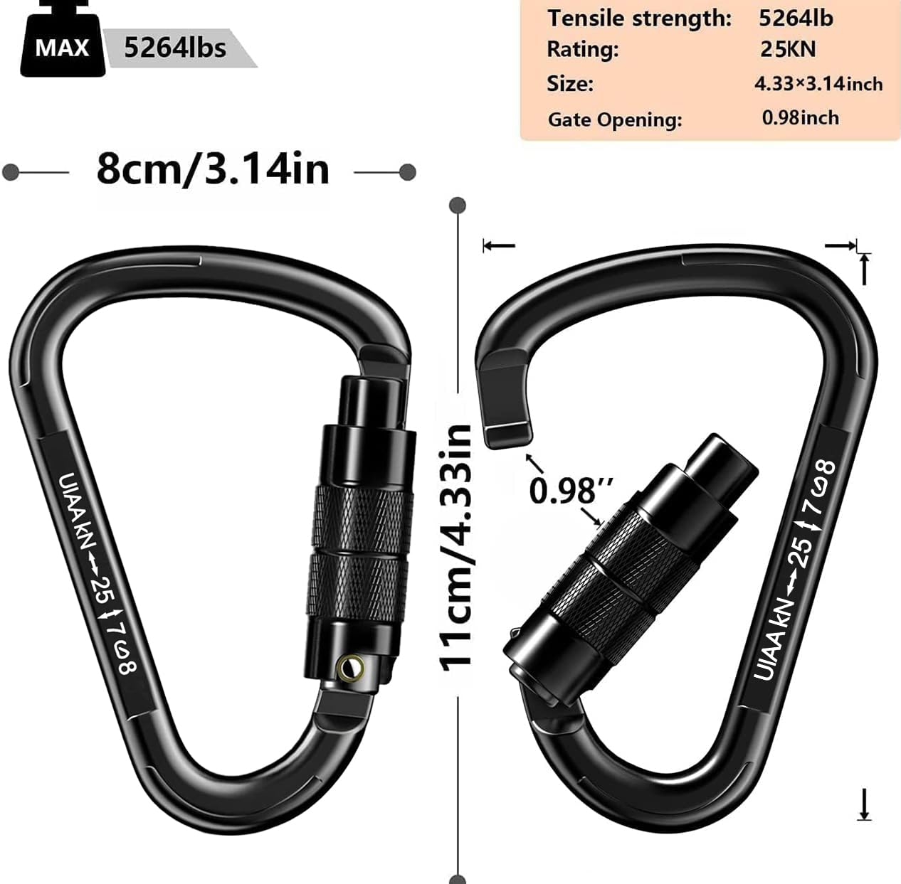 Auto Locking Carabiner Heavy Duty Carabiner 25kN Climbing Carabiner Climbing Equipment Safety Carabiners for Rappelling, Hammocks, Rescue, Dog Leash, Swing