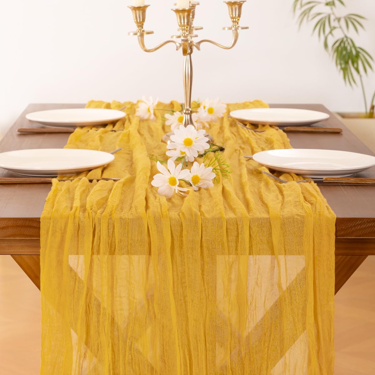 Socomi Gold Yellow Cheesecloth Table Runner - 120 Inch Rustic Boho Decor for Weddings & Events