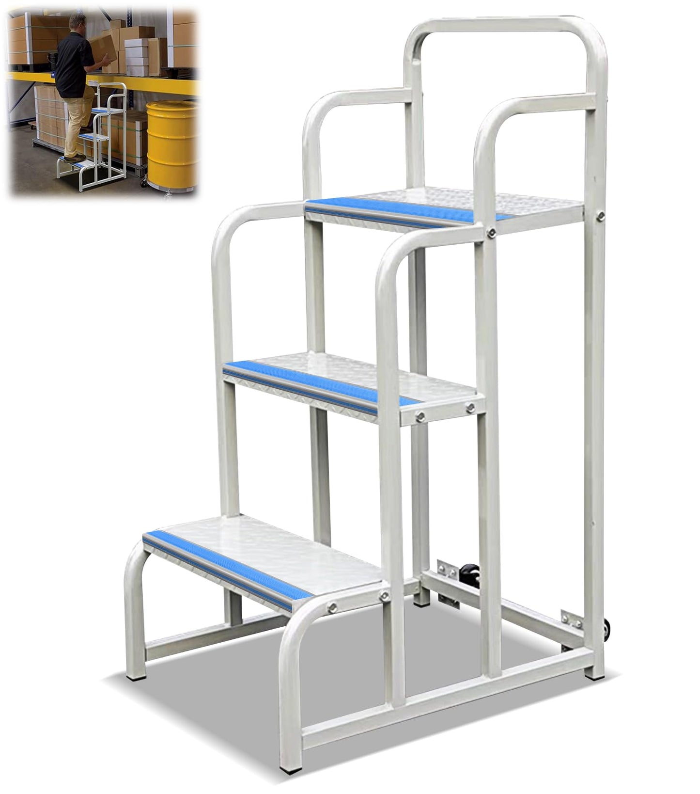3 Step Stairs with Wheels, Industrial & Warehouse 3-Step Rolling Stairs, Non-Slip Rolling Steps with Stair Edge Protector, Easy to Move Rolling Steps with Wheels(19.7W x29.5H, 600LBs Loading).