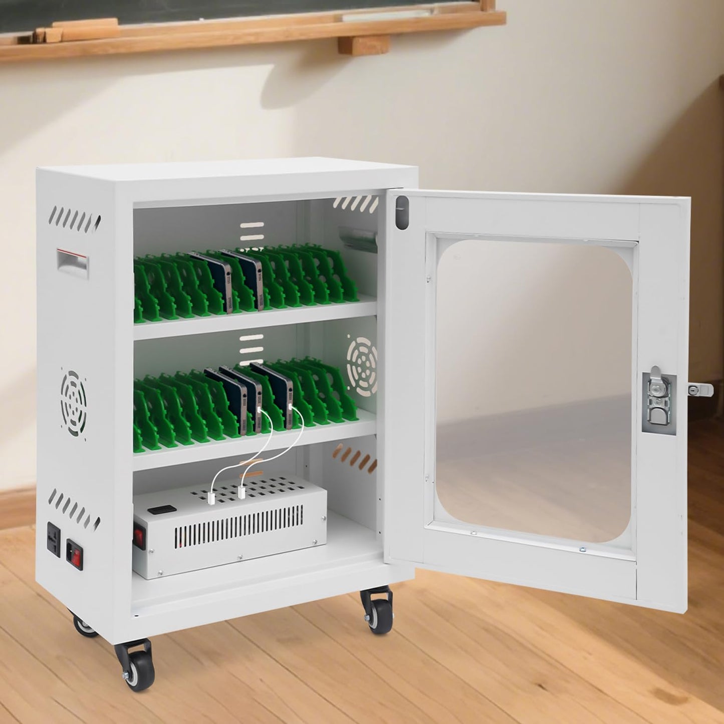 30 Device Charging Station, Mobile Charging Cart for Phones with Tempered Glass Door Rolling Phone Charging Cabinet with Cable Management Slot for Classroom Office (White)