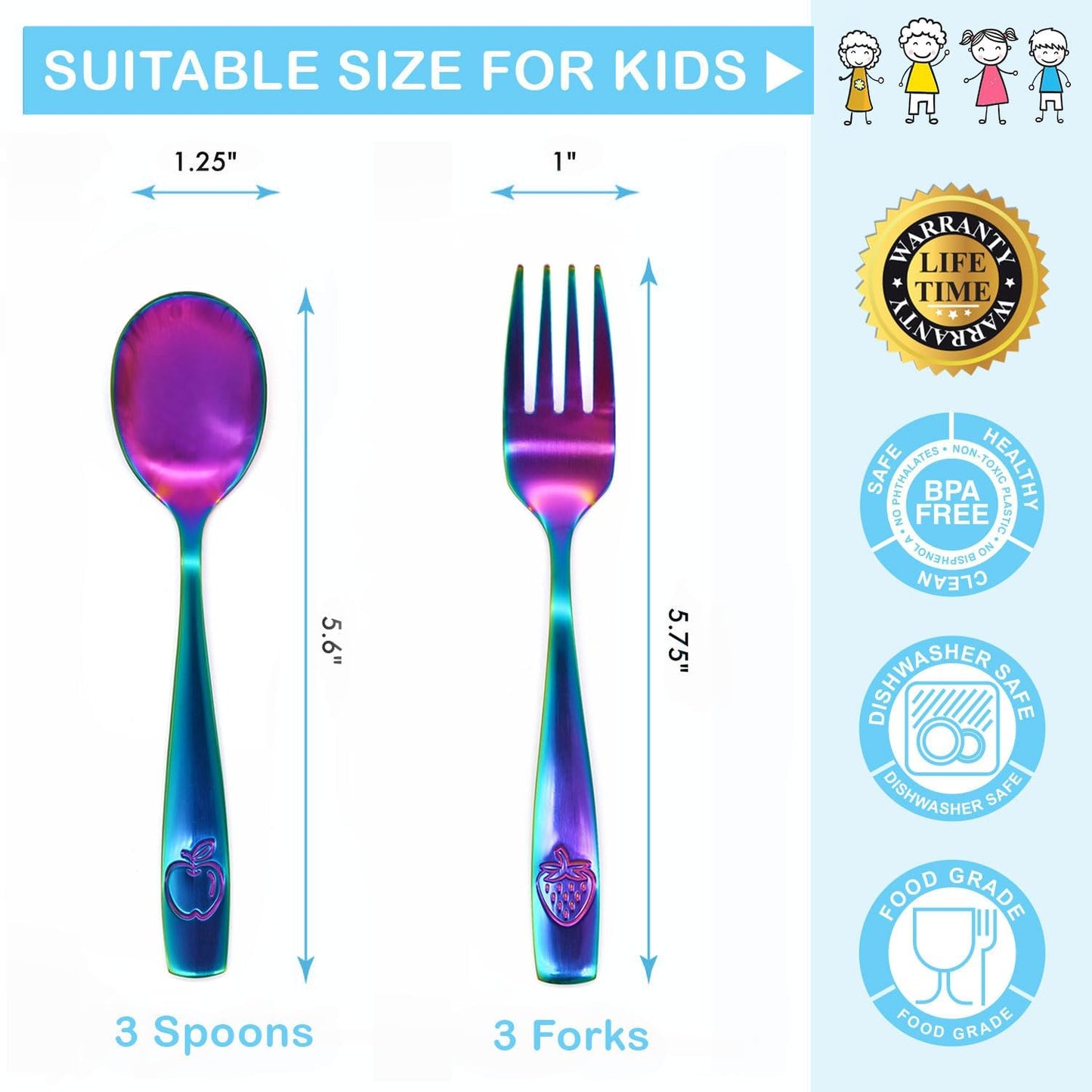 CHILLOUT LIFE Stainless Steel Kids Silverware Set 12 Pieces - Child and Toddler Safe Flatware - Kids Utensil Set - Metal Kids Cutlery Set (Includes 6 Small Kids Spoons & Kids 6 Forks, UV Rainbow)