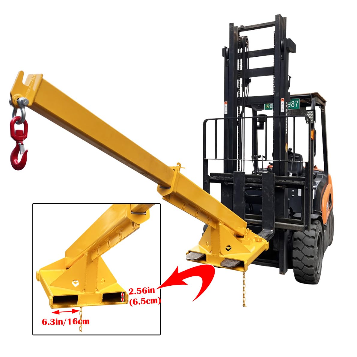 INTBUYING 3-Ton Forklift Jib Boom Crane, Telescopic Forklift Hook Attachment with Dual-Fork Design, 63-98in Adjustable Boom, Carbon Steel Truss Hoist Jib Booms for Lifting, Towing & Material Handling