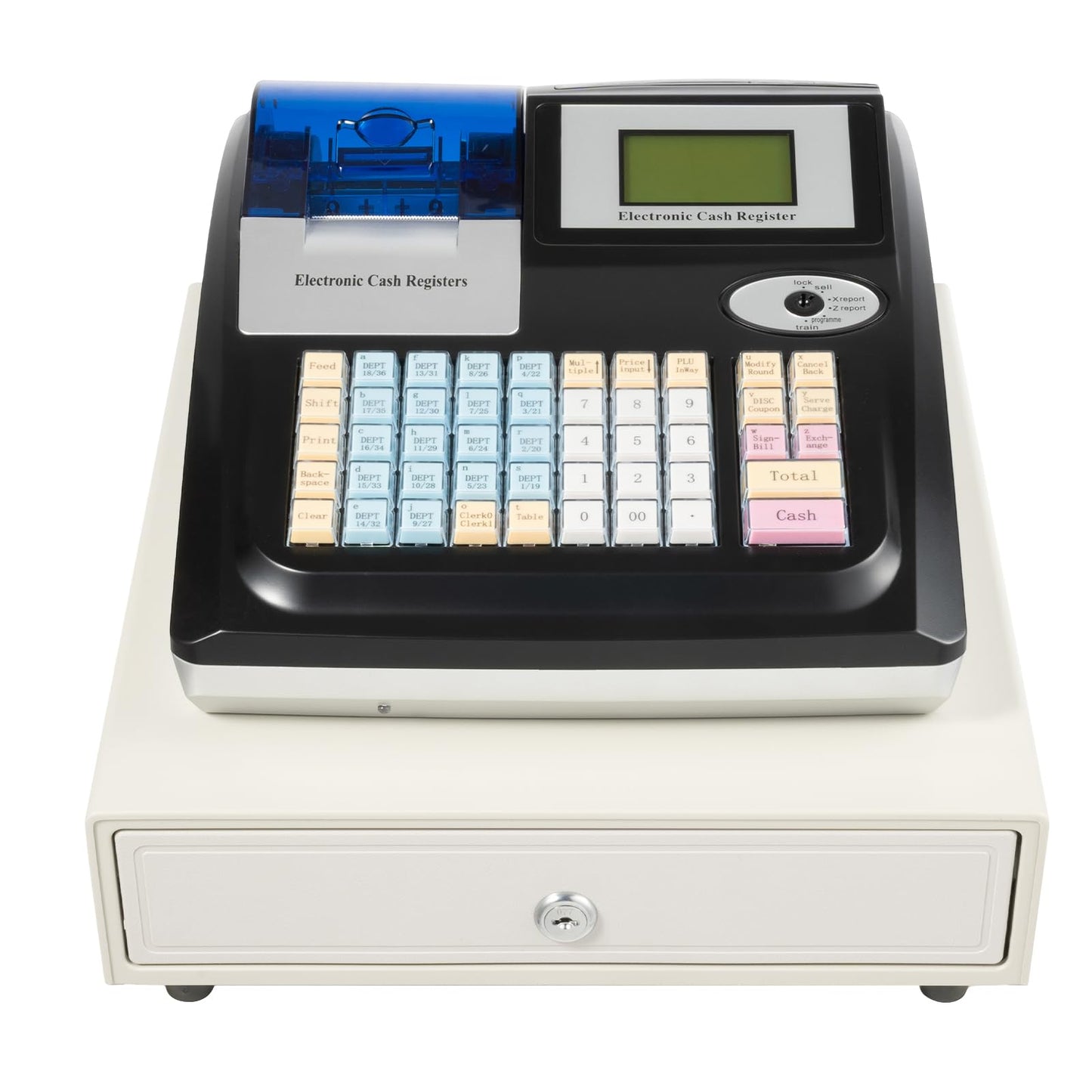 Electronic Cash Register Commercial Cash-Register with Thermal Print Head and 8-Digit LED Customer Screen 48 Keys Keyboard and Cash Drawer Register for Shops, Supermarkets, Restaurants (Black)