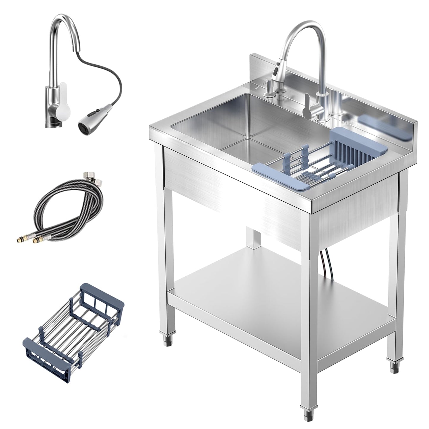 PurezmMoto 28" Commercial Stainless Steel Utility Sink, Single Bowl Freestanding Kitchen Sink with Hot & Cold Water Faucet, Drain Kit & Hoses for Restaurant, Laundry Room, Garage