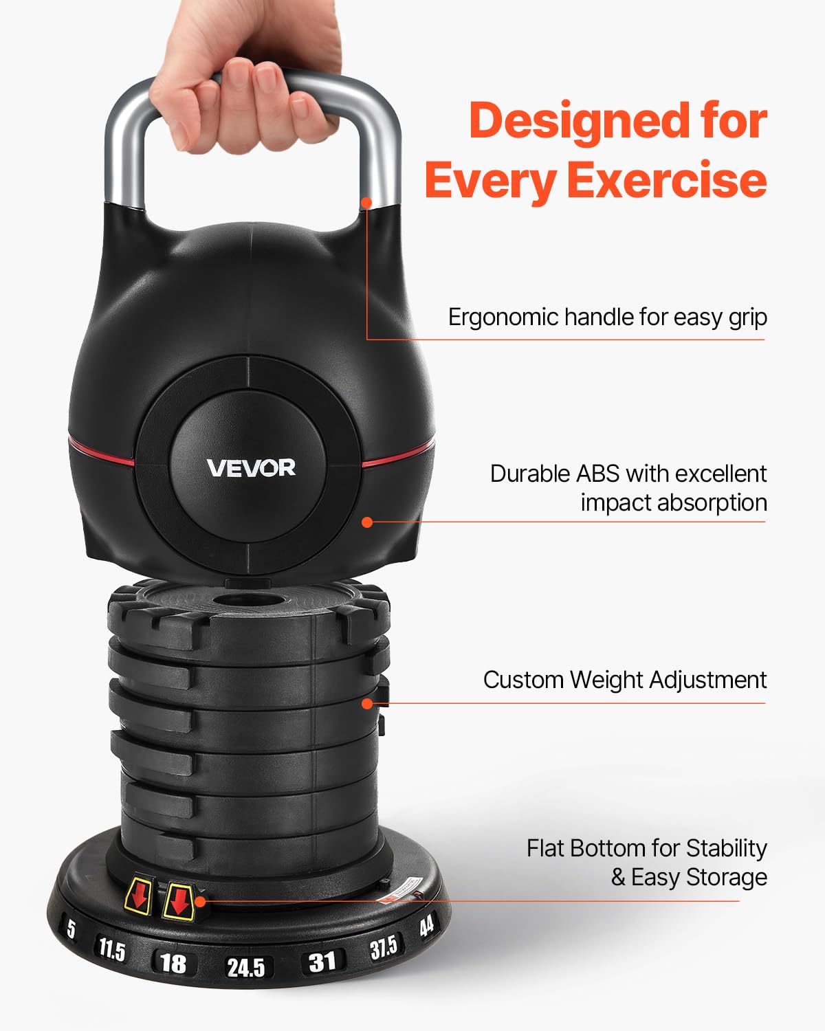 VEVOR Kettlebell, Adjustable Kettlebell with 7 Weight Levels (5, 11.5, 18, 24.5, 31, 37.5, 44 lbs), Die-Cast Aluminum and ABS Material, for Grip Strength Training, Full-body Workout & Cross-Training