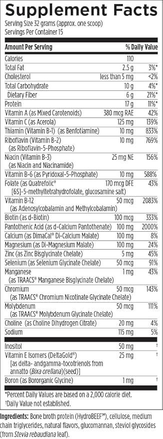 Designs for Health PaleoMeal - Bone Broth Protein Powder with 17g Protein, Meal Replacement Shake Dietary Supplement with Active Folate + Chelated Minerals, Vanilla (15 Servings / 480g)