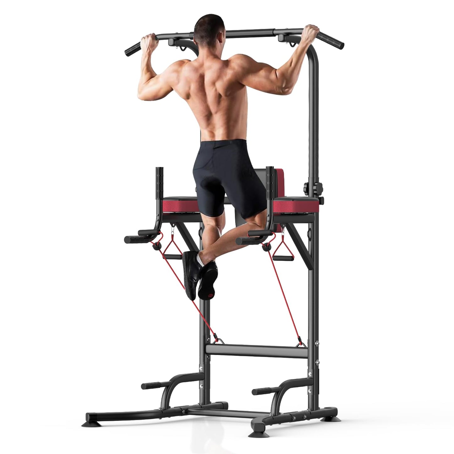 Dskeuzeew Pull Up Bar Free Standing for Multi-Function Home Gym Strength, Pull Up Dip Station Assistive Trainer Height Adjustable with Elastic Ropes, Power Tower Training Heavy-Duty Fitness Equipment