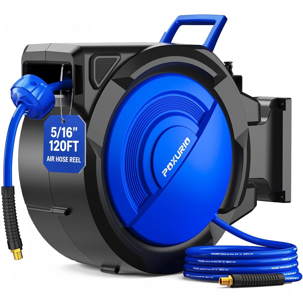 POXURIO 120FT+6.5FT Retractable Air Hose Reel, 5/16" Hybrid Air Hose, Air Compressor Hose Reel with Max 300 PSI Patented Design, Retractable Auto-Rewind Enclosed Heavy Duty 180° Swivel Mount