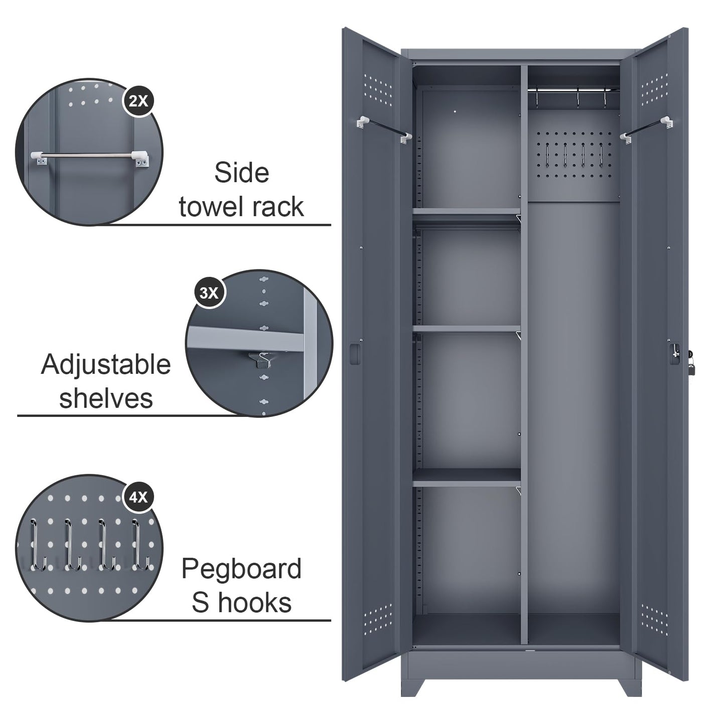 STEELIST Broom Closet Storage Cabinet, Steel Locking Cabinet with Hanging Rod, 65" Cleaning Storage with Doors and Hooks, Tall Broom Tool Cabinets for Office, Garage