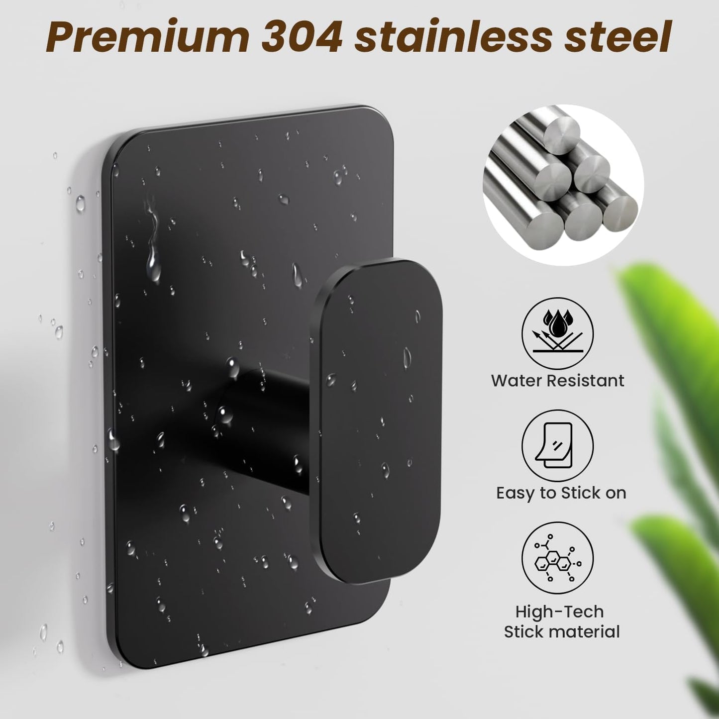 Skiennix Heavy Duty Self-Adhesive Hooks - 26lb Capacity, Waterproof & Rustproof Stainless Steel | Black, 4 Pack for Towel, Coat, Robe