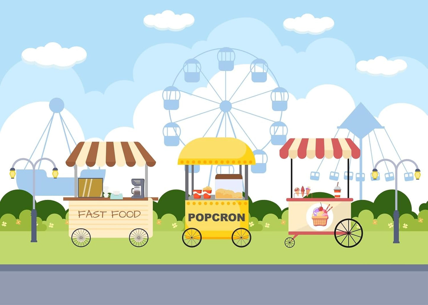 CORFOTO 10x8ft Fabric Carnival Food Cart Backdrop Ferris Wheel Fast Food Popcorn Ice Cream Fair Scene Photography