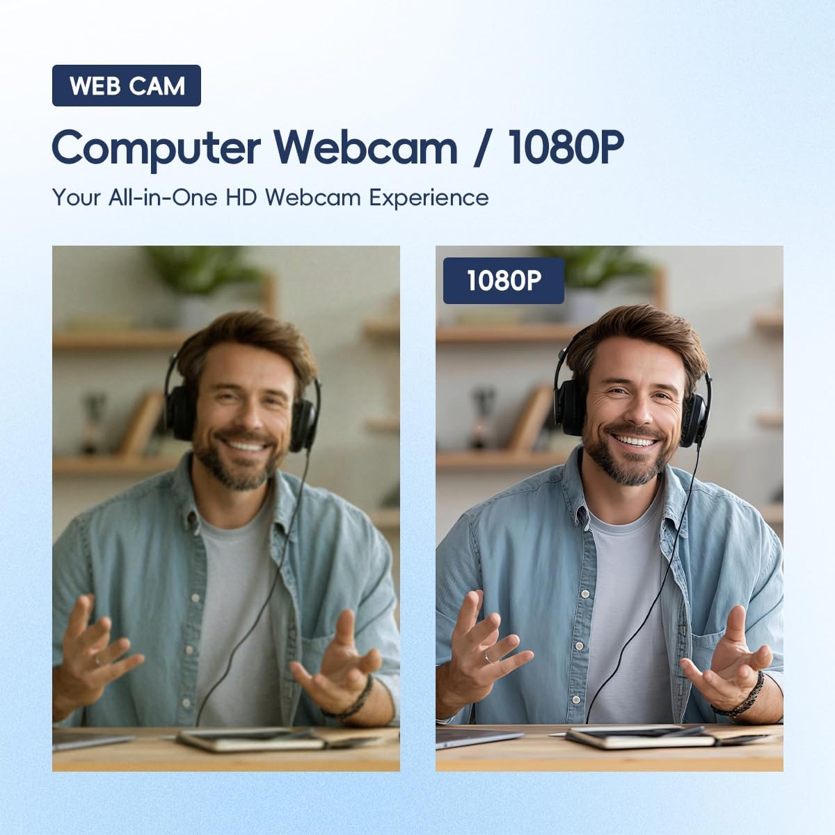 Generic 1080P PC Webcam with Built-in Noise-Canceling Microphone Physical Privacy Cover Automatic Light Compensation